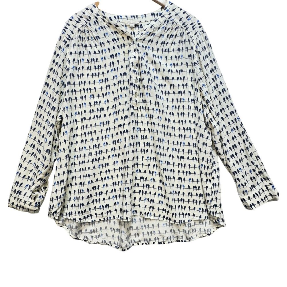 Jane and Delancey Cream Blouse with Navy Bird Pattern